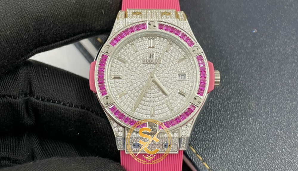 Đồng hồ Hublot nữ đính full đá dây đeo cao su hồng